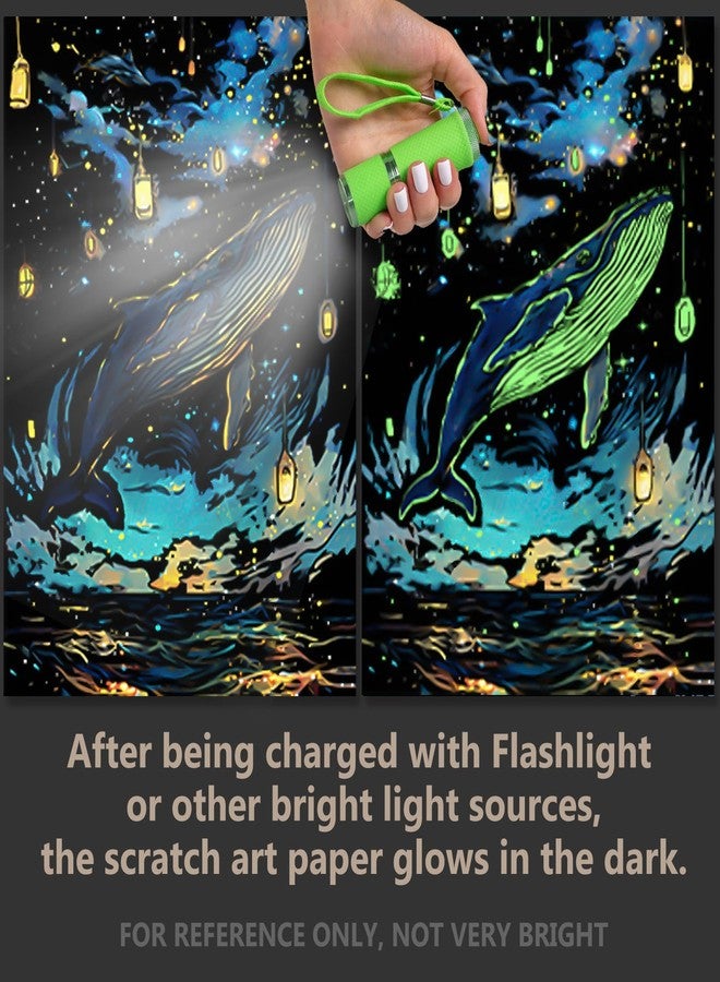 VTEAS 8 Sheet Noctilucent Scratch Art Rainbow Painting Paper with Pen/Cleaning Brush, Glow in The Dark Engraving Scratchboard(A4) for Teen & Adults, Sketch Card Creative Craft (Dolphin/Butterfly) - Image 2